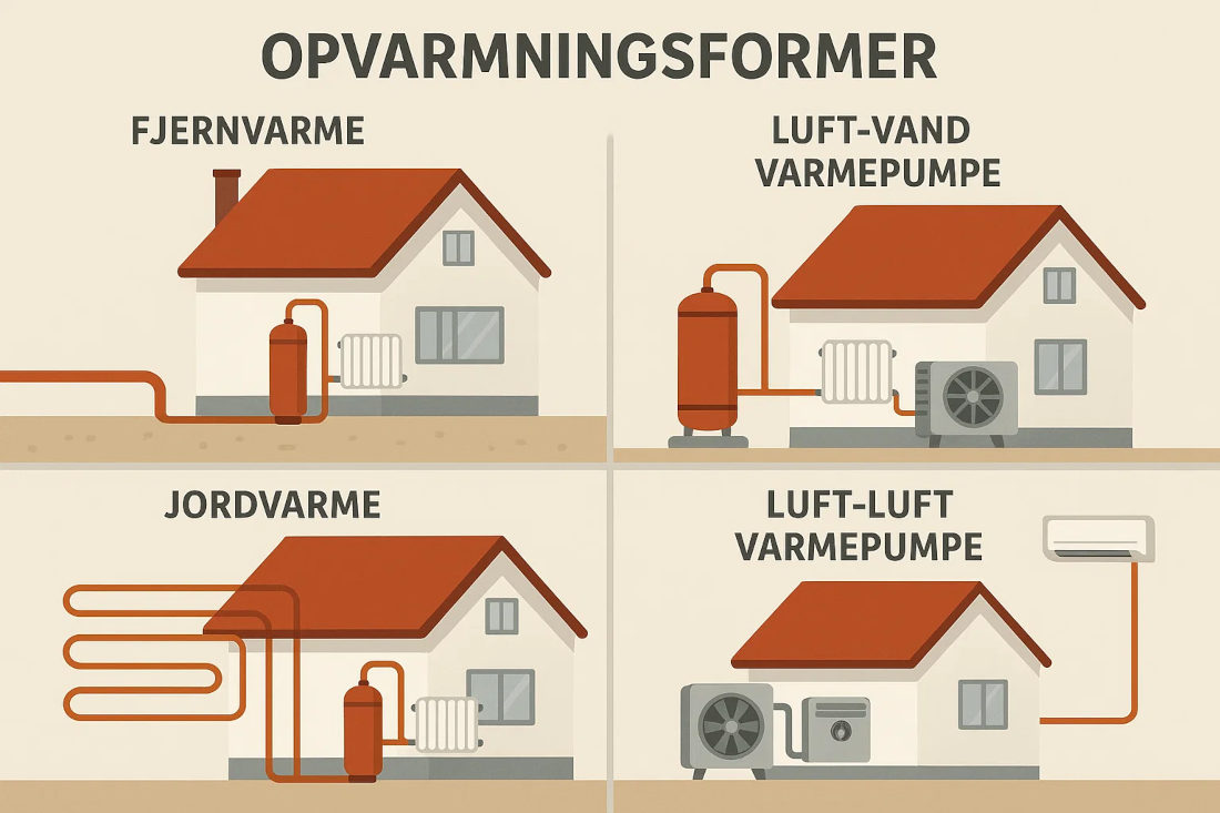 Opvarmningsmetoder: Fjernvarme, luft/vand varmepumpe, jordvarme, luft/luft varmepumpe